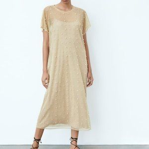 ZARA KNIT DRESS WITH PEARLS ECRU Sz XS-S